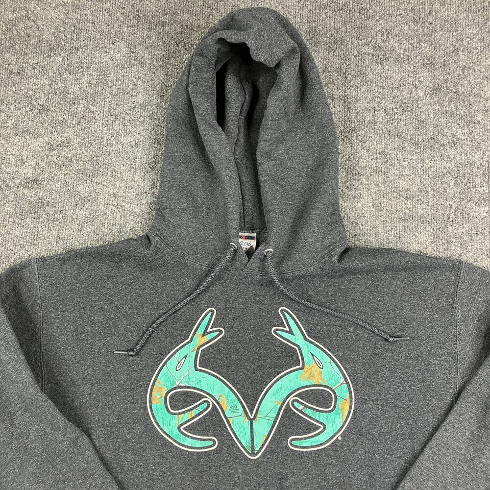 Real Tree Hoodie Men Size M Charcoal Gray Antler Logo Pullover Graphic Sweatshir